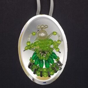 Vintage Beaded Green Angel Ornament Mirror 3" Pearl Handmade with Safety Pins